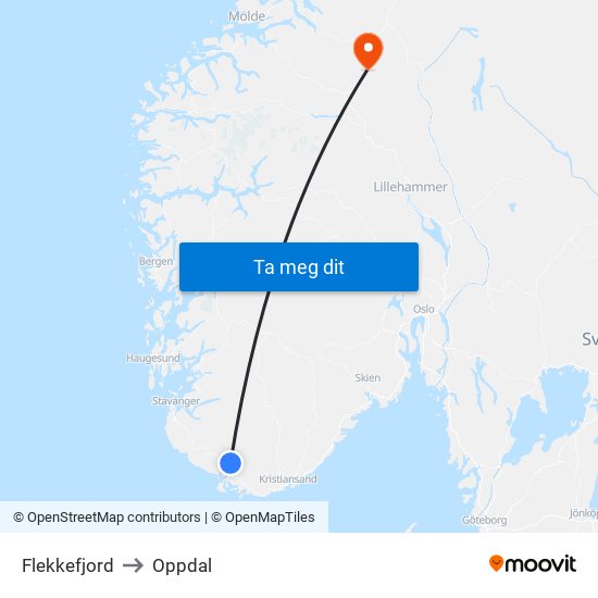 Flekkefjord to Oppdal map