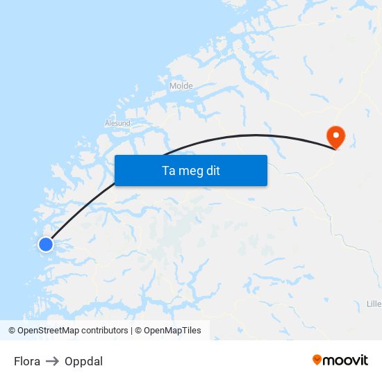 Flora to Oppdal map