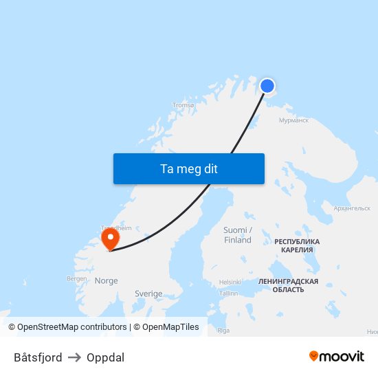 Båtsfjord to Oppdal map