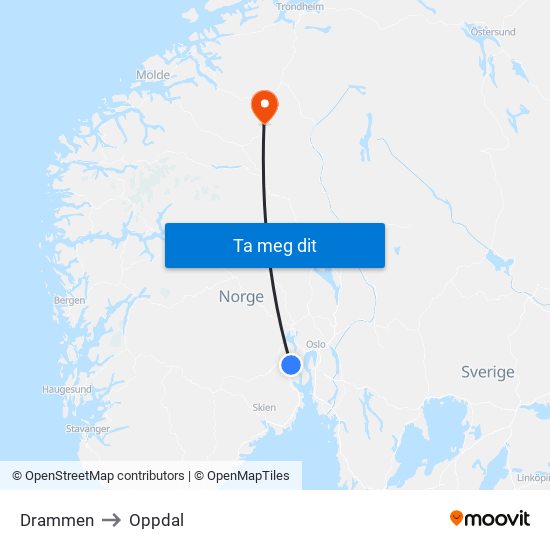 Drammen to Oppdal map