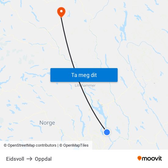 Eidsvoll to Oppdal map