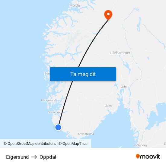Eigersund to Oppdal map