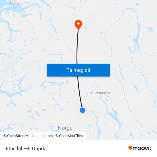 Etnedal to Oppdal map