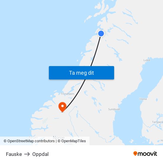 Fauske to Oppdal map