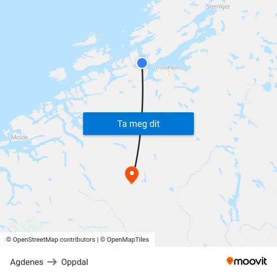 Agdenes to Oppdal map