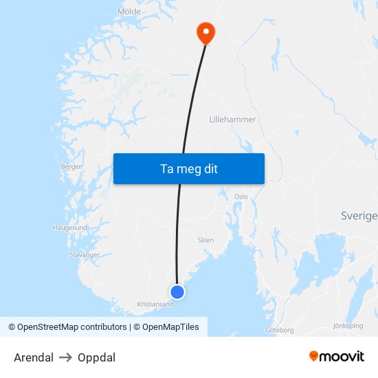 Arendal to Oppdal map