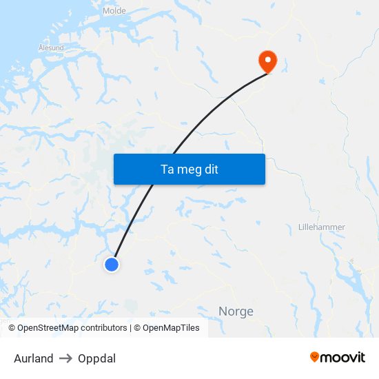 Aurland to Oppdal map