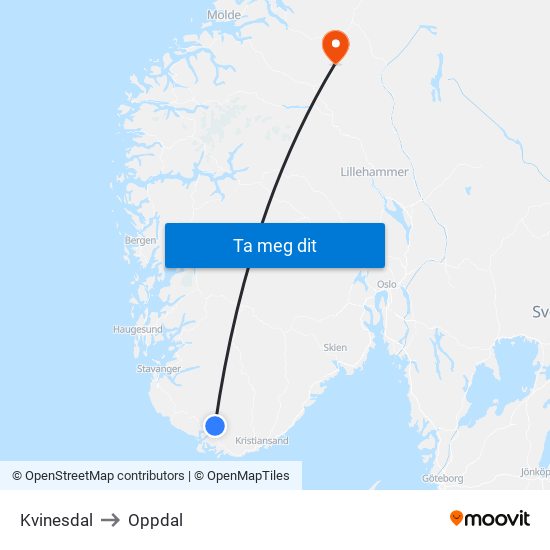 Kvinesdal to Oppdal map