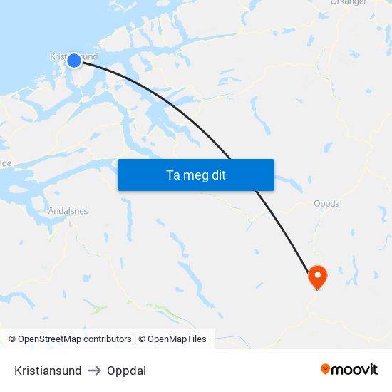 Kristiansund to Oppdal map