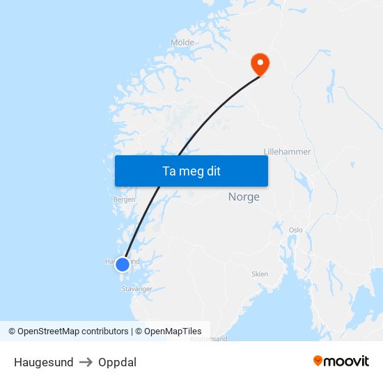 Haugesund to Oppdal map