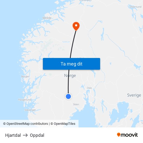 Hjartdal to Oppdal map