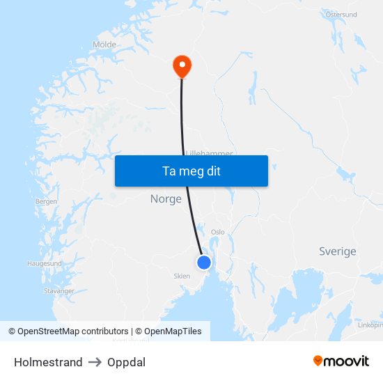 Holmestrand to Oppdal map