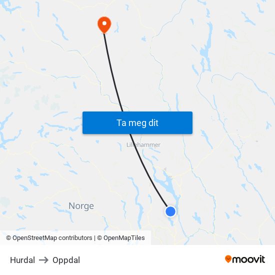 Hurdal to Oppdal map