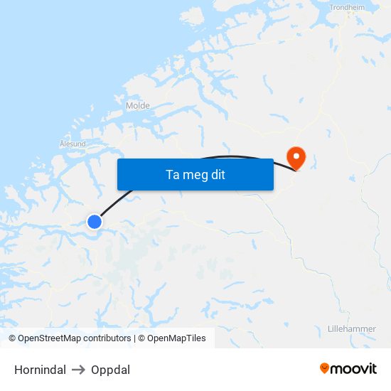 Hornindal to Oppdal map