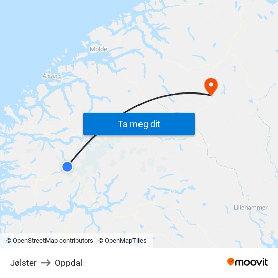 Jølster to Oppdal map