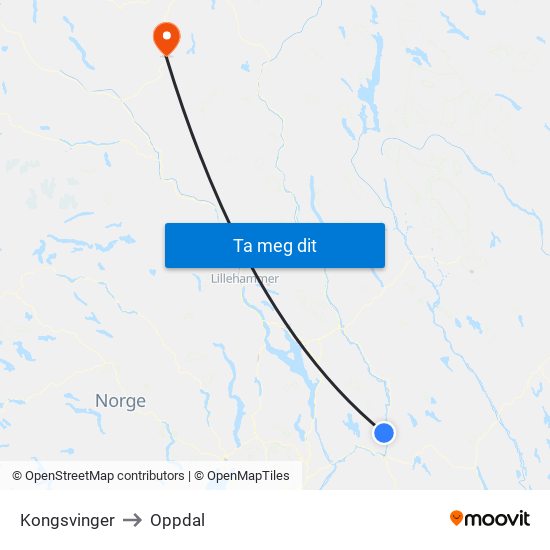 Kongsvinger to Oppdal map