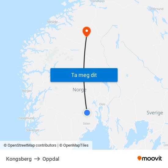 Kongsberg to Oppdal map