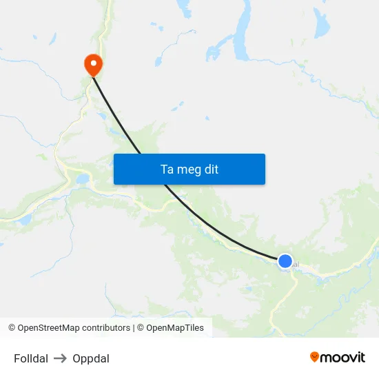 Folldal to Oppdal map