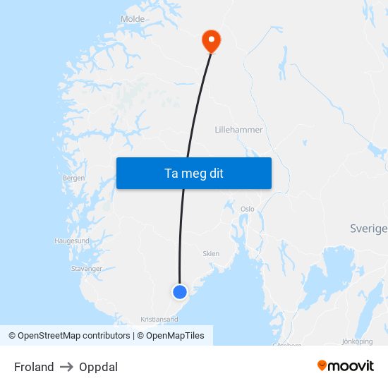 Froland to Oppdal map