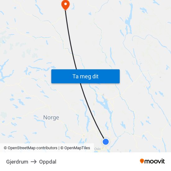 Gjerdrum to Oppdal map