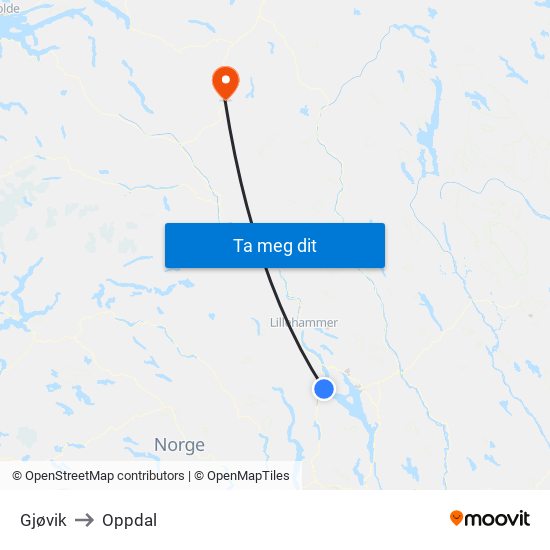 Gjøvik to Oppdal map