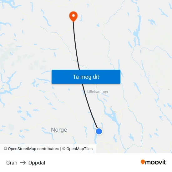 Gran to Oppdal map