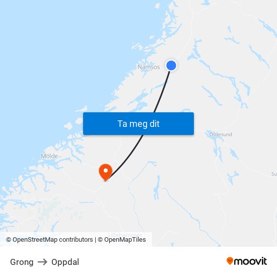 Grong to Oppdal map