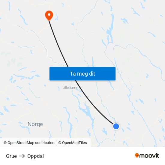 Grue to Oppdal map