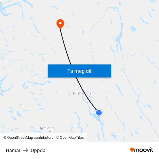 Hamar to Oppdal map