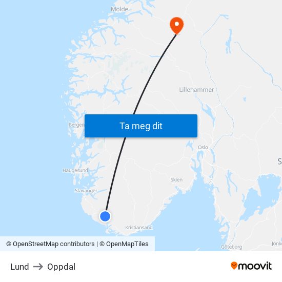Lund to Oppdal map