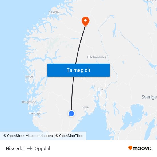 Nissedal to Oppdal map