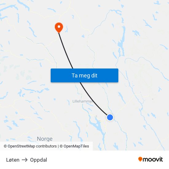 Løten to Oppdal map