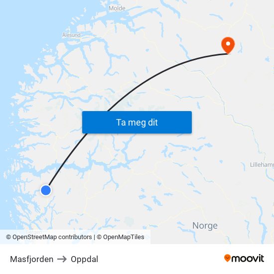 Masfjorden to Oppdal map