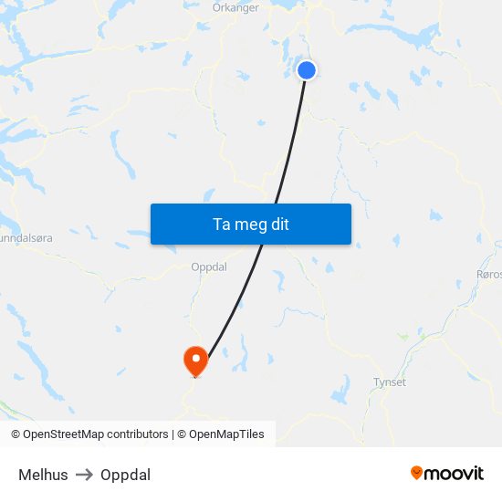 Melhus to Oppdal map