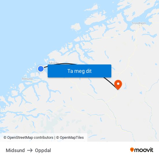 Midsund to Oppdal map