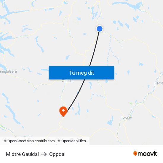 Midtre Gauldal to Oppdal map