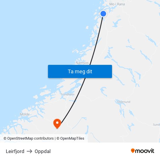 Leirfjord to Oppdal map