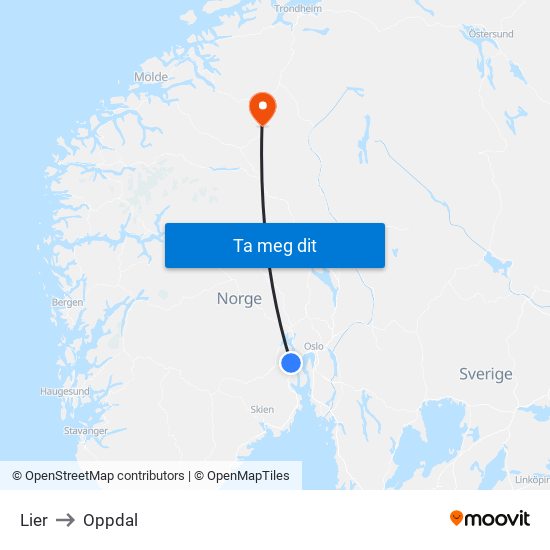 Lier to Oppdal map