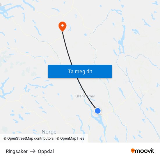 Ringsaker to Oppdal map