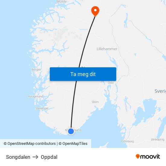 Songdalen to Oppdal map