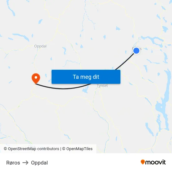 Røros to Oppdal map