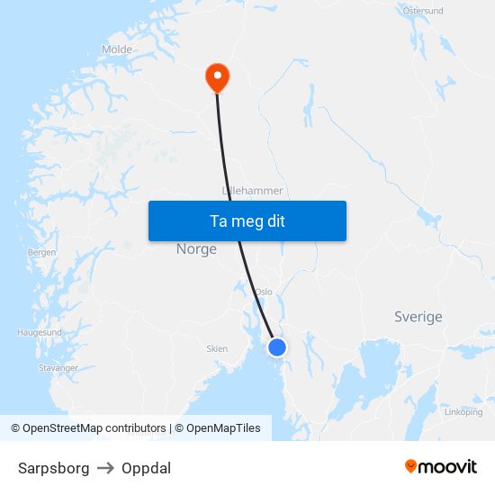 Sarpsborg to Oppdal map