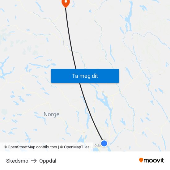 Skedsmo to Oppdal map