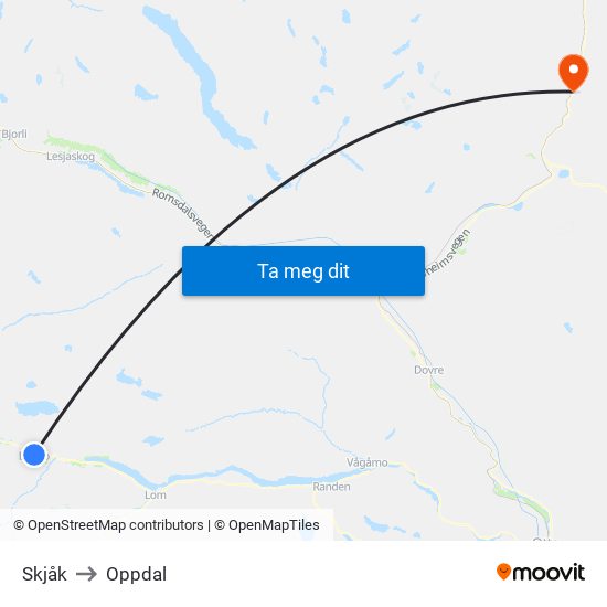 Skjåk to Oppdal map