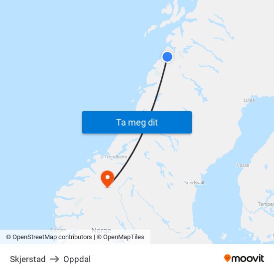 Skjerstad to Oppdal map