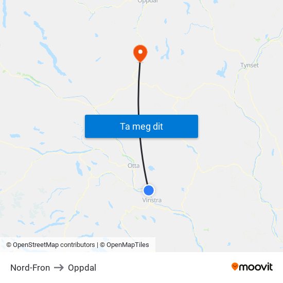 Nord-Fron to Oppdal map