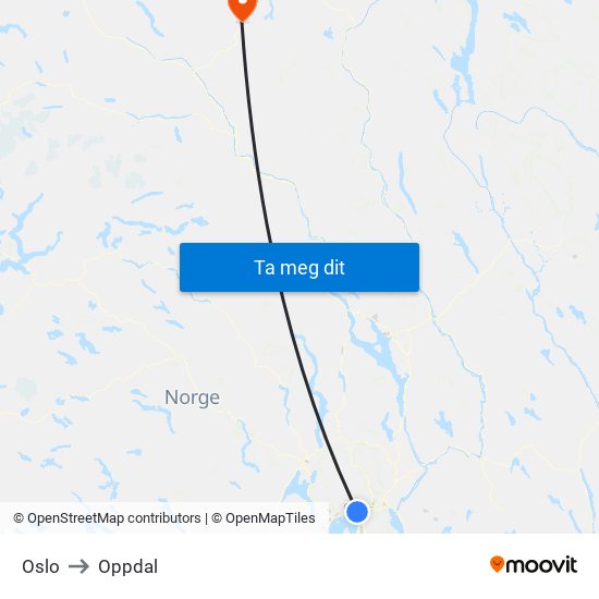 Oslo to Oppdal map