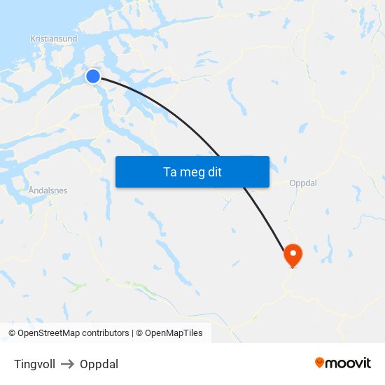 Tingvoll to Oppdal map