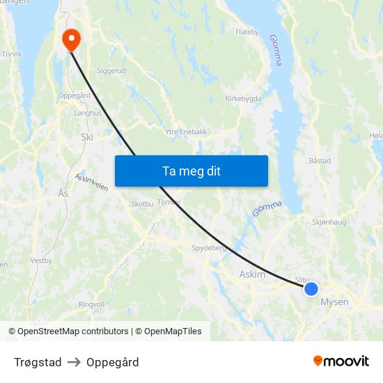 Trøgstad to Oppegård map