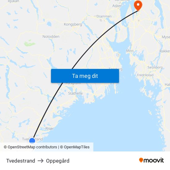 Tvedestrand to Oppegård map